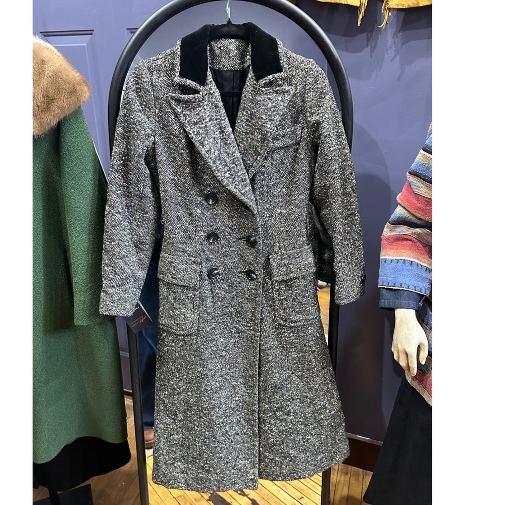 Vintage Arthur Jay ILGWU Wool Tweed Coat Velvet Collar Black White Small 60s–70s